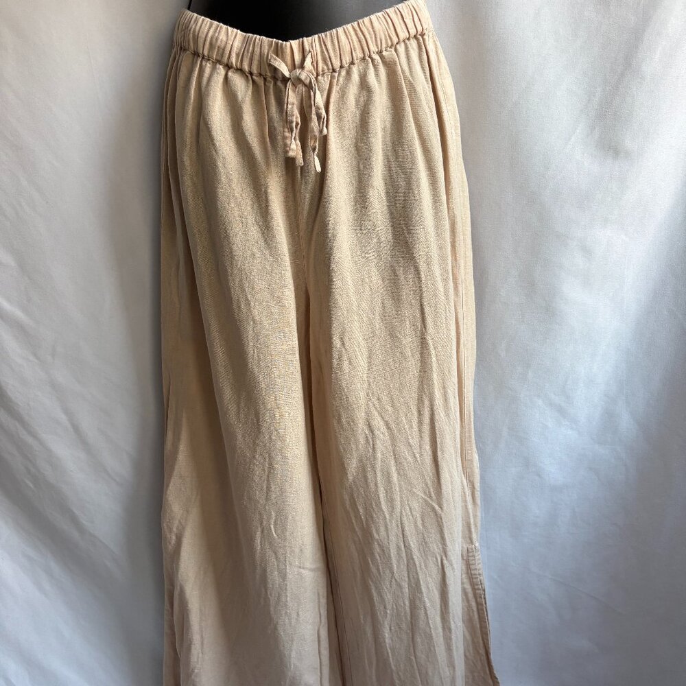 Carbon38 Linen Wide Leg Brown Tan Pants Size S Lagenlook Beachy Bohemian Boho
